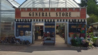 Front of the greenhouse general store with the doors open