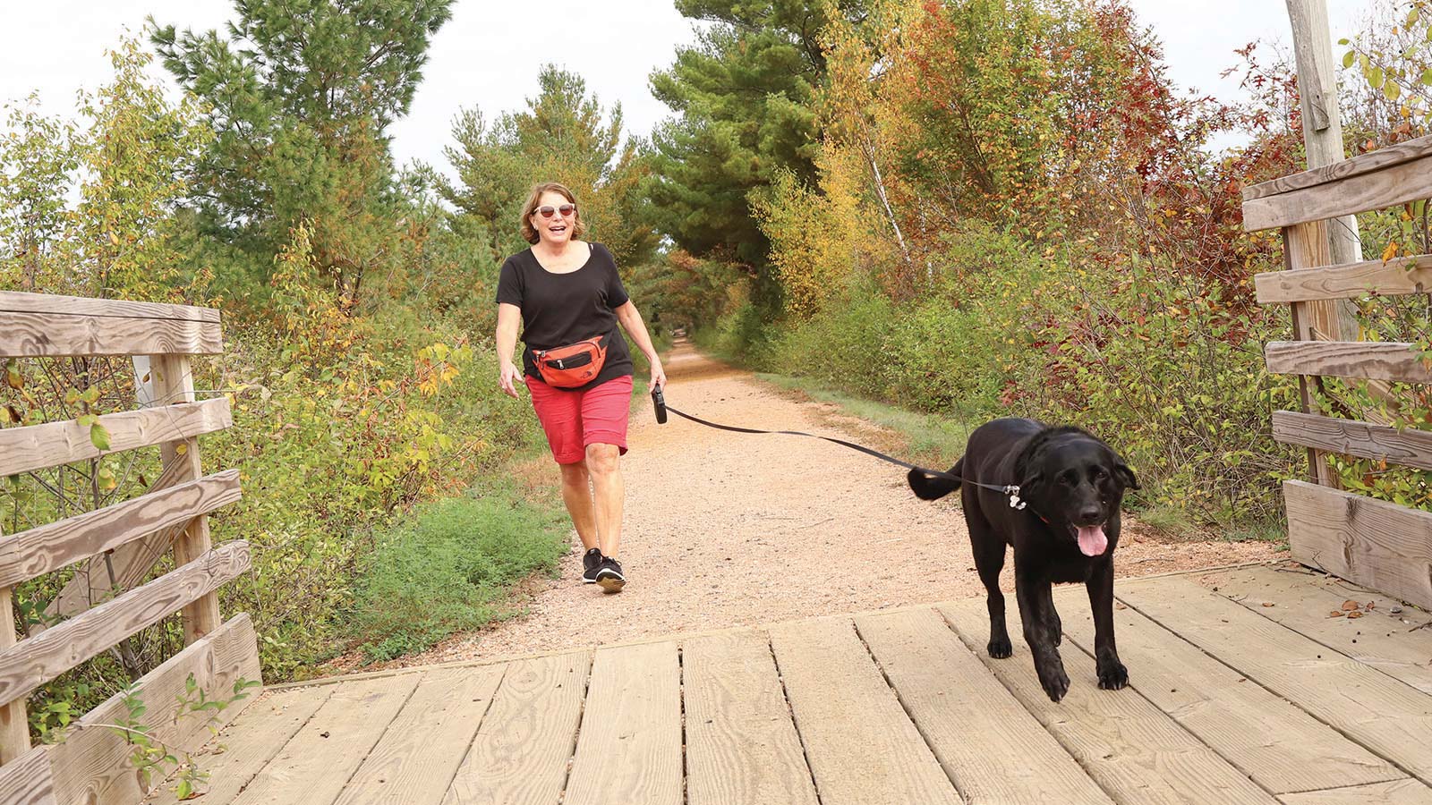 Woman walking her dog on the wooded portion of a trail in autumn