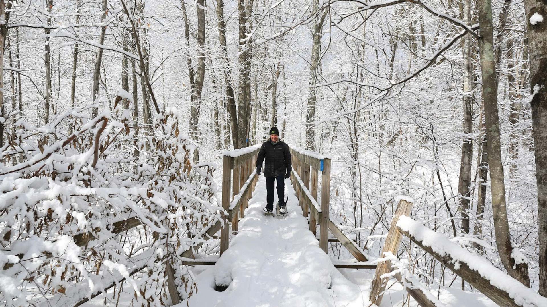 Snowshoeing over a bridge on Washburn Trail