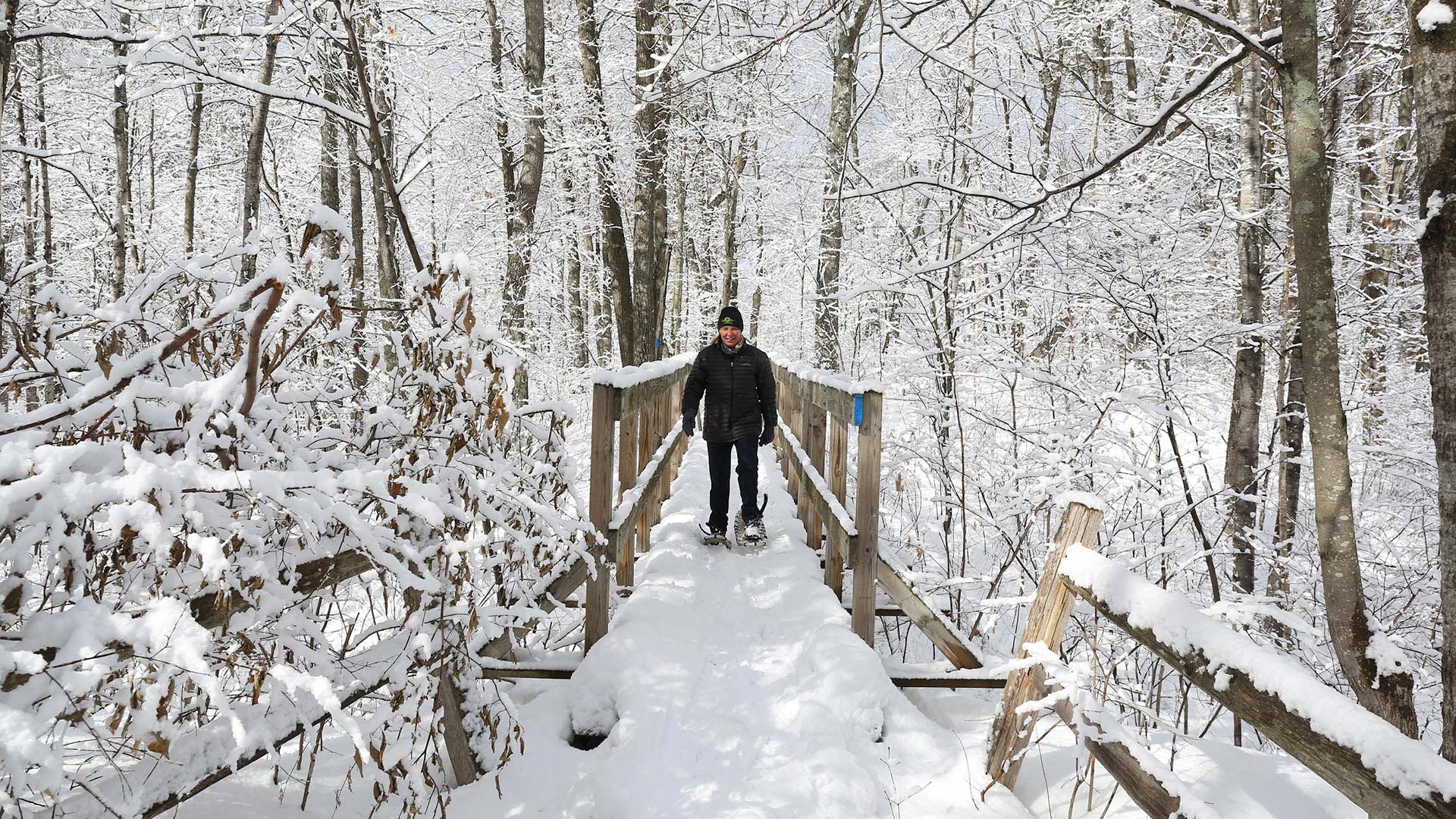 Cross-Country Skiing & Snowshoeing | Snowshoeing over the snow covered bridge on Washburn Trail