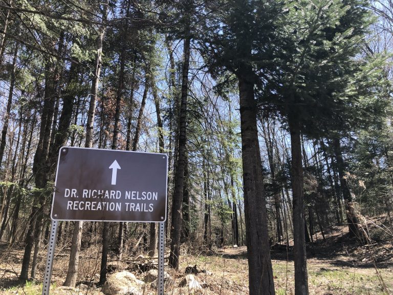 Sign pointing to woodland trail located at the Nicolet College campus