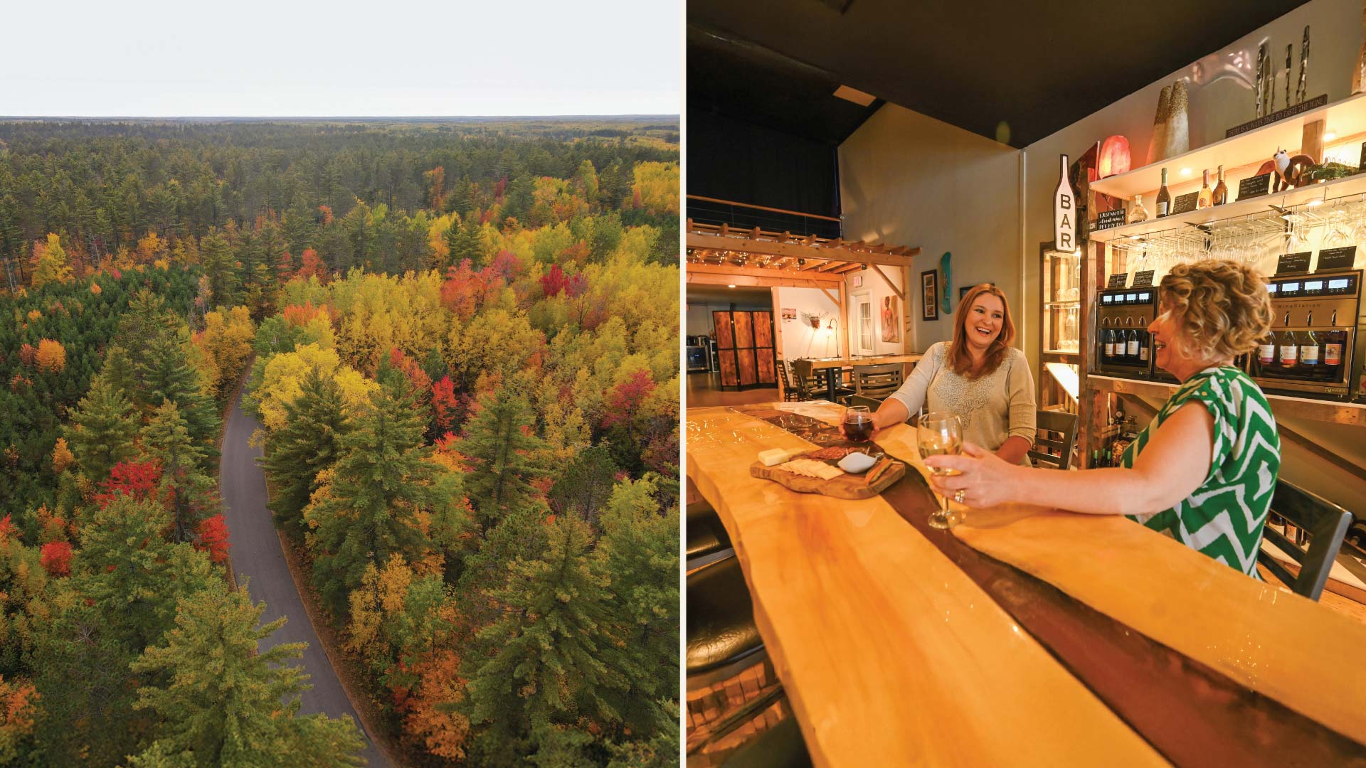 A split image featuring fall trees and two women drinking wine and sharing a charcuterie board